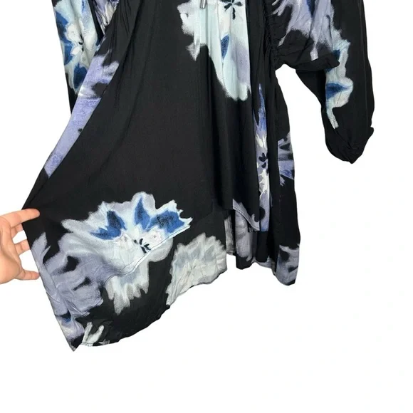 Venus Black Floral V-Neck Boho Slouchy Caftan Hi-Low Mini Dress Size Large - Picture 7 of 9